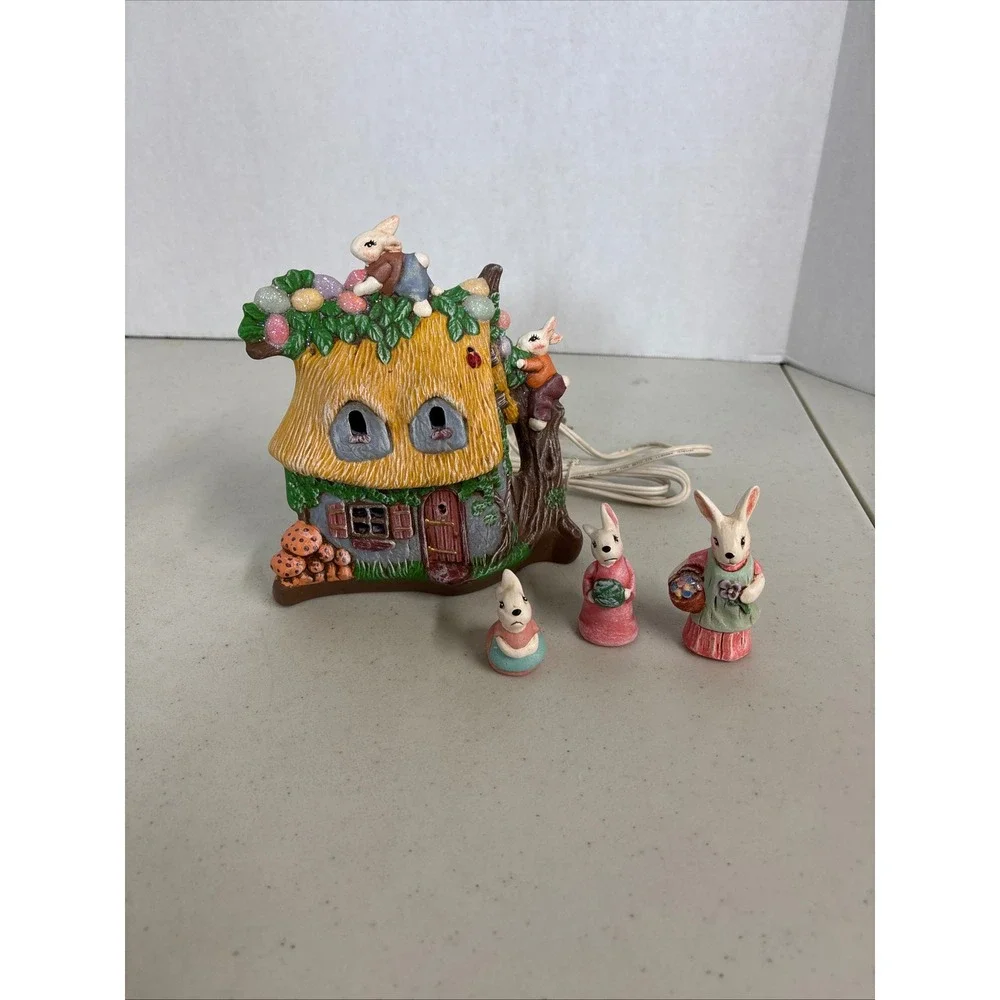 Easter Bunny Cottage‎  Light with 3 Figurines Ceramic Illuminated Decor Set
